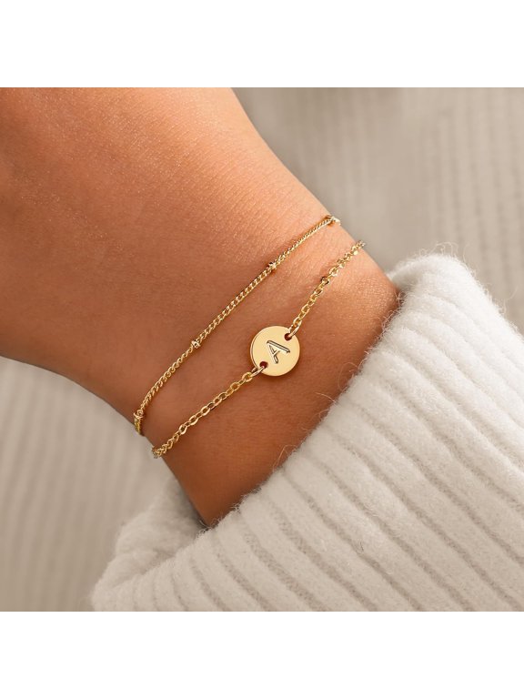Dainty 18K Gold Plated Disc Monogram Initial Bracelet, A-Z Letter Bracelet for Women, Adjustable 6-8 Inch, Birthday Easter Gifts