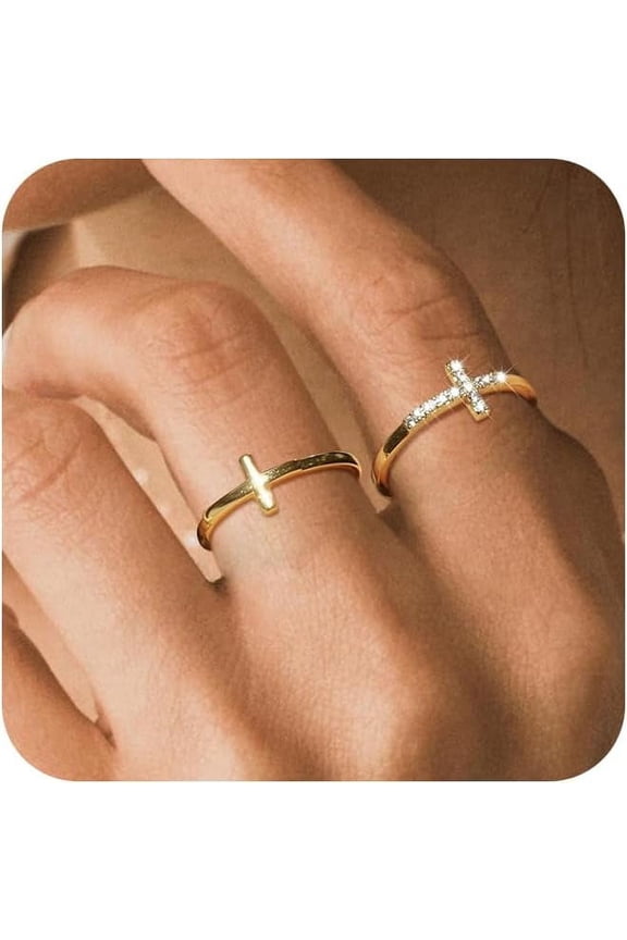 Dainty 2Pcs Cross Ring Set - Thin 14K Gold Plated Stackable Thumb Non Tarnish CZ Rings for Women Trendy Jewelry Gift Size 5-10