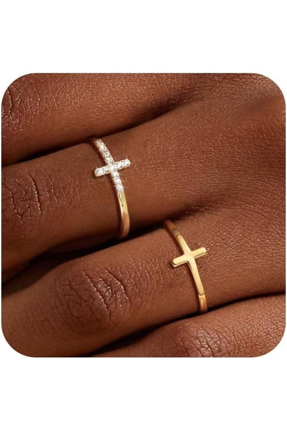 Dainty 2Pcs Cross Ring Set Thin 14K Gold Plated Stackable Thumb Non Tarnish CZ Rings for Women Trendy Jewelry Size 5-10-6-