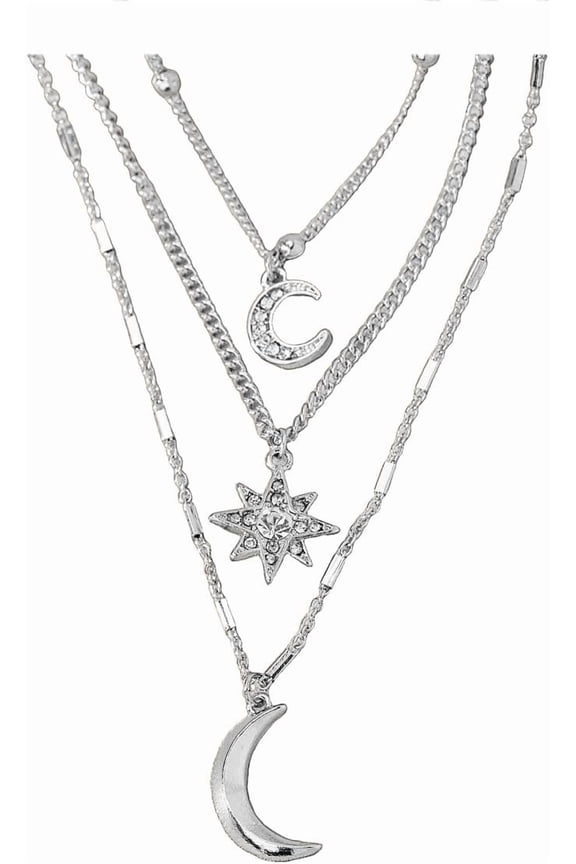 Dainty 3 Layers Star Moon Pendant Necklace for Women Silver Plated Crescent Starles Celestial Layered Ball Link Chain Necklaces Adjustable Fashion Lightweight Thanksgiving Party Jewelry 18 Inches
