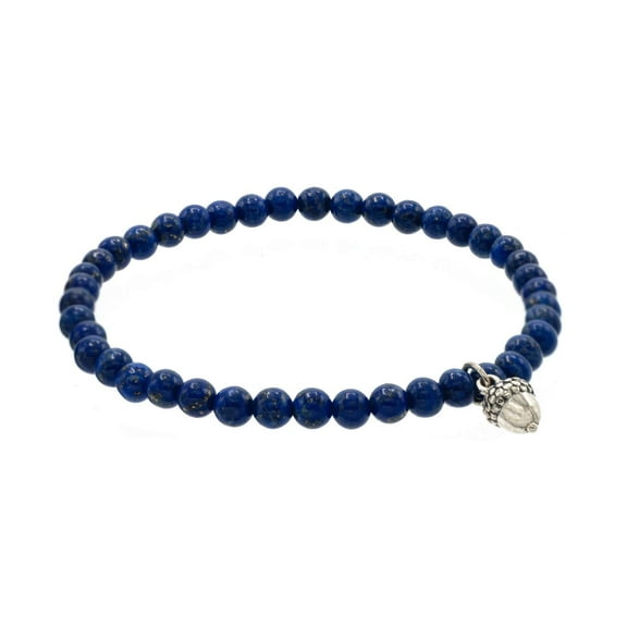 Dainty 4mm Lapis Lazuli Stretch Bracelet with a Sterling Silver Acorn Charm, 7"