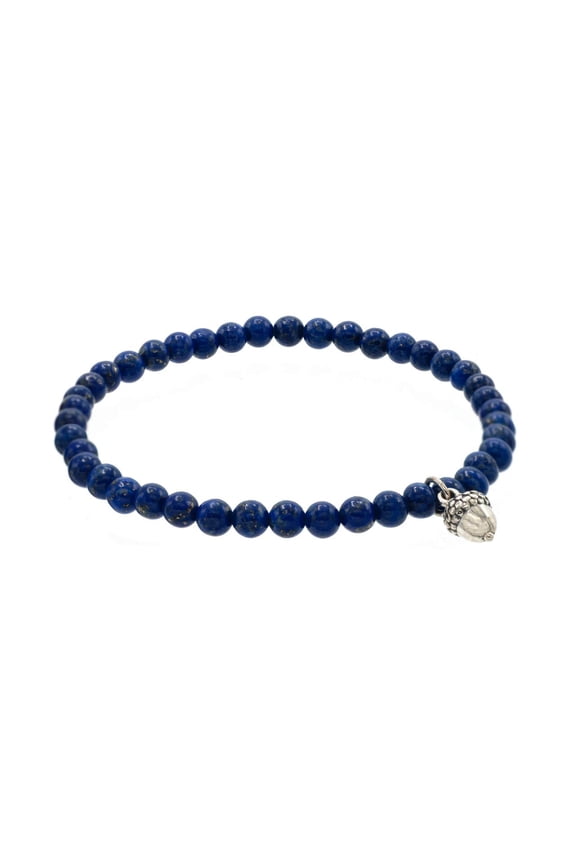 Dainty 4mm Lapis Lazuli Stretch Bracelet with a Sterling Silver Acorn Charm, 7"