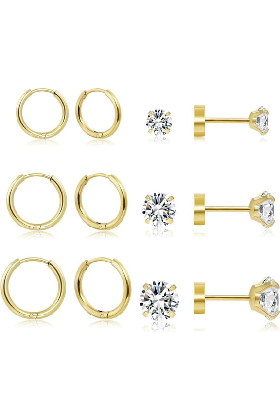 Dainty 6 Pairs Surgical Steel Earrings Sets for Multiple Piercing, Lightweight 14K Gold Plated Small Huggie Hoop Earrings, Flat Back Tiny Ball CZ Stud Earrings for Cartilage, Helix, Lobe