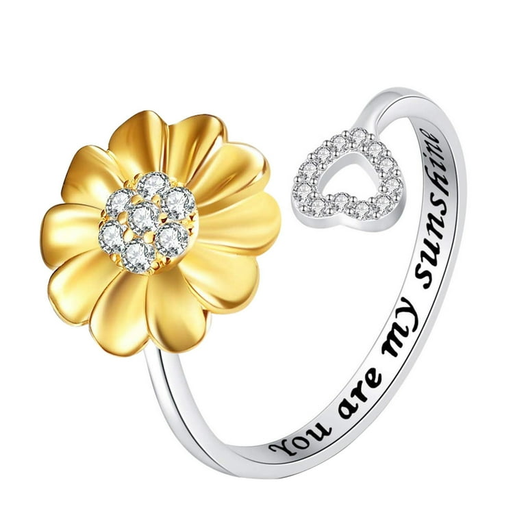 Dainty Adjustable Finger Promise Band Ring Sunflower Leaf Open