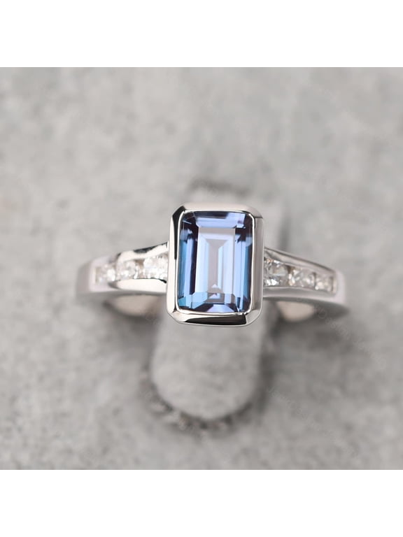 Dainty Alexandrite Anniversary Ring Emerald Cut Color Changing Stone June Birthstone Bezel Setting