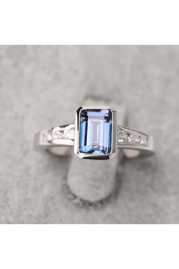 Dainty Alexandrite Anniversary Ring Emerald Cut Color Changing Stone June Birthstone Bezel Setting