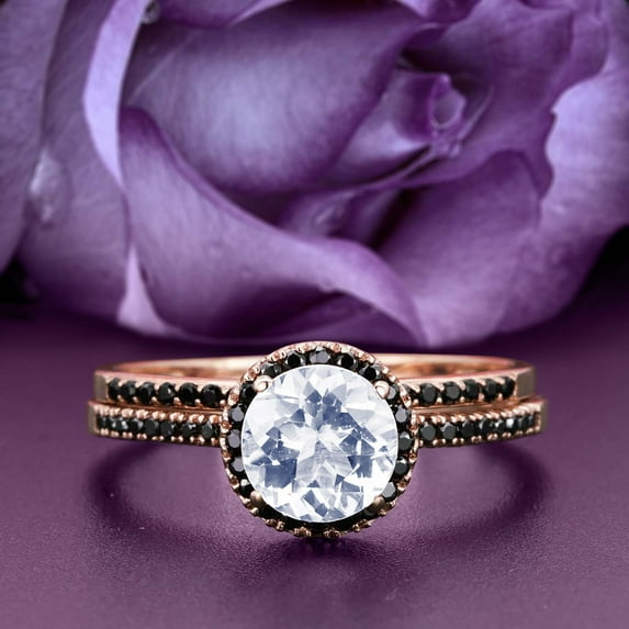 Dainty Art Deco 2.00 Carat Round Cut Diamond Moissanite And Black Diamond Moissanite Engagement Ring, Wedding Ring in 10k Solid Rose Gold, Gift For Her, Bridal Rings, Promise Ring, Anniversary Ring