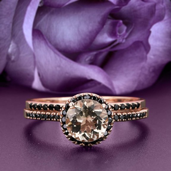 Dainty Art Deco 2.00 Carat Round Cut Morganite And Black Diamond Moissanite Engagement Ring, Wedding Ring in 10k Solid Rose Gold, Bridal Rings, Promise Ring