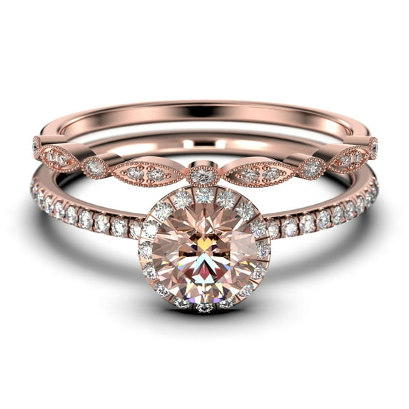 Dainty Art Deco 2.00 Carat Round Cut Morganite And Black Diamond Moissanite Engagement Ring, Wedding Ring in 925 Sterling Silver, Rose Gold Plating Bridal Set