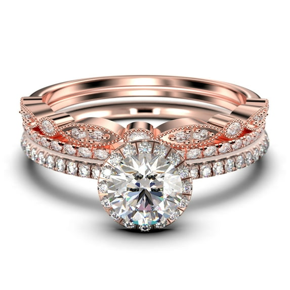 Dainty Art Deco 2.25 Carat Round Cut Diamond Moissanite Engagement Ring, Wedding Ring In 10K Solid White Gold, Trio Set, Promise Ring