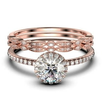 Dainty Art Deco 2.25 Carat Round Cut Diamond Moissanite Engagement Ring, Wedding Ring in 925 Sterling Silver, White Gold Plating Trio set