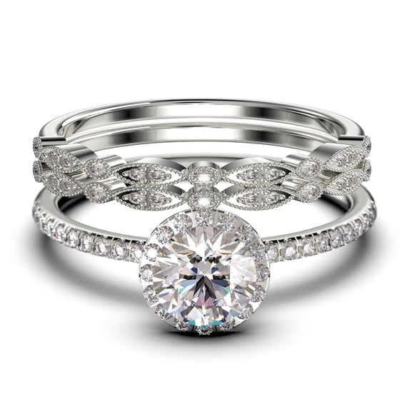 Dainty Art Deco 2.25 Carat Round Cut Diamond Moissanite Engagement Ring, Wedding Ring in 925 Sterling Silver, White Gold Plating Trio set