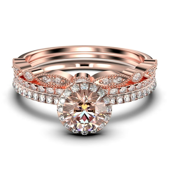 Dainty Art Deco 2.25 Carat Round Cut Morganite And Diamond Moissanite Engagement Ring, Wedding Ring in 925 Sterling Silver, White Gold Plating Trio set