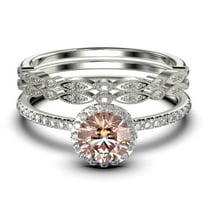 Dainty Art Deco 2.25 Carat Round Cut Morganite And Diamond Moissanite Engagement Ring, Wedding Ring in 925 Sterling Silver, White Gold Plating Trio set