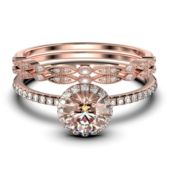 Dainty Art Deco 2.25 Carat Round Cut Morganite And Diamond Moissanite Engagement Ring, Wedding Ring In 925 Sterling Silver, White Gold Plating Trio Set