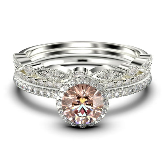 Dainty Art Deco 2.25 Carat Round Cut Morganite And Diamond Moissanite Engagement Ring, Wedding Ring in 10k Solid White Gold, Trio Set, Promise Ring
