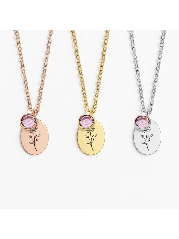 Dainty Birthstone Necklace with Birth Flower Jewelry for Women Alexandrite Necklace June Personalized Gifts for Women - Birthday Gifts for Her Rose Birthflower and Birth Stone Jewelry