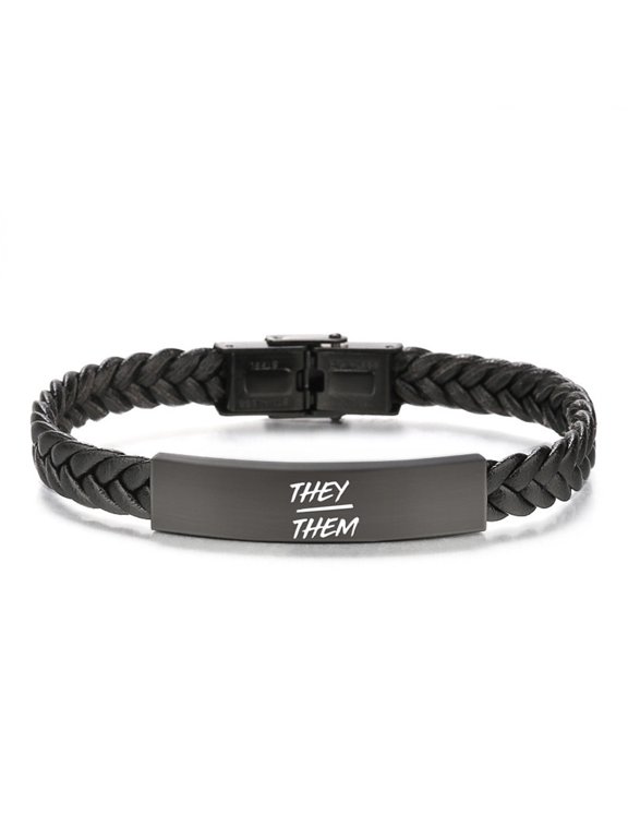 Dainty Black Leather They Them Pronoun Bracelet Non-Binary Bangle - NB Pride Genderqueer Gender Identity Jewelry, 8.26''