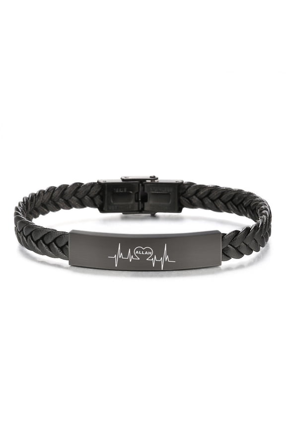 Dainty Black Muslim Allah Hearbeat Symbol Leather Bracelet Bangle For Men Women Arabic Islamic Muslims Wristband Arab Religious Jewelry, 8.26 inches
