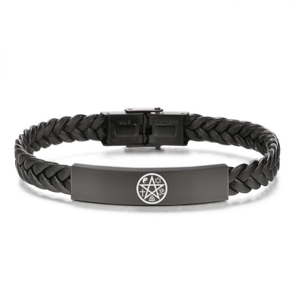 Dainty Black Pentacle Leather Bracelet Religious Pentagram Protection Bangle Symbols of Amulet Jewelry for Men Women, Cross/Yin Yang/OM/Star of David/Triquetra Knot
