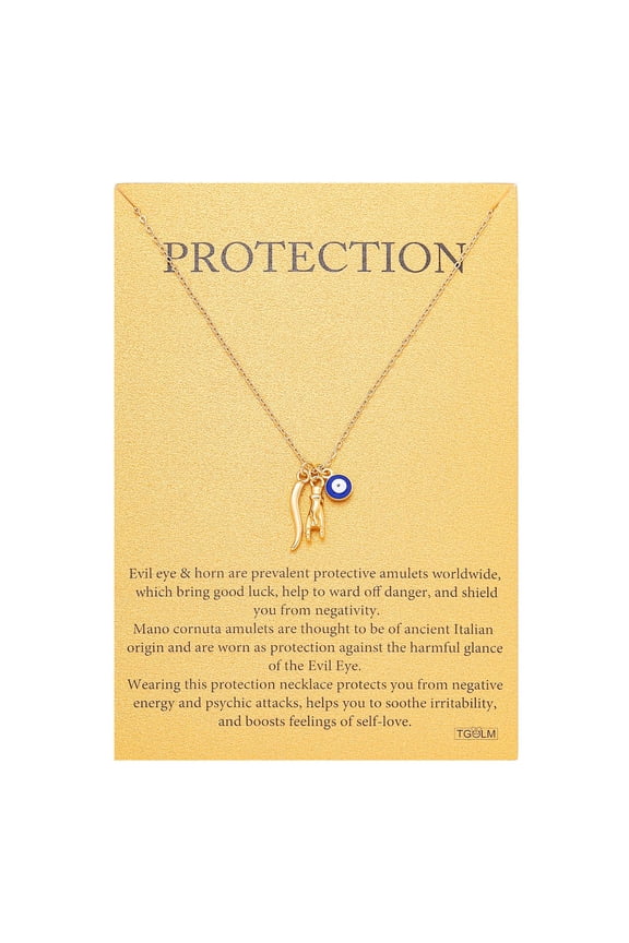 Dainty Blue Evil Eye Charm Horn Hand Pendant Necklace for Women's Spiritual Protection Jewelry 14K Gold Plated