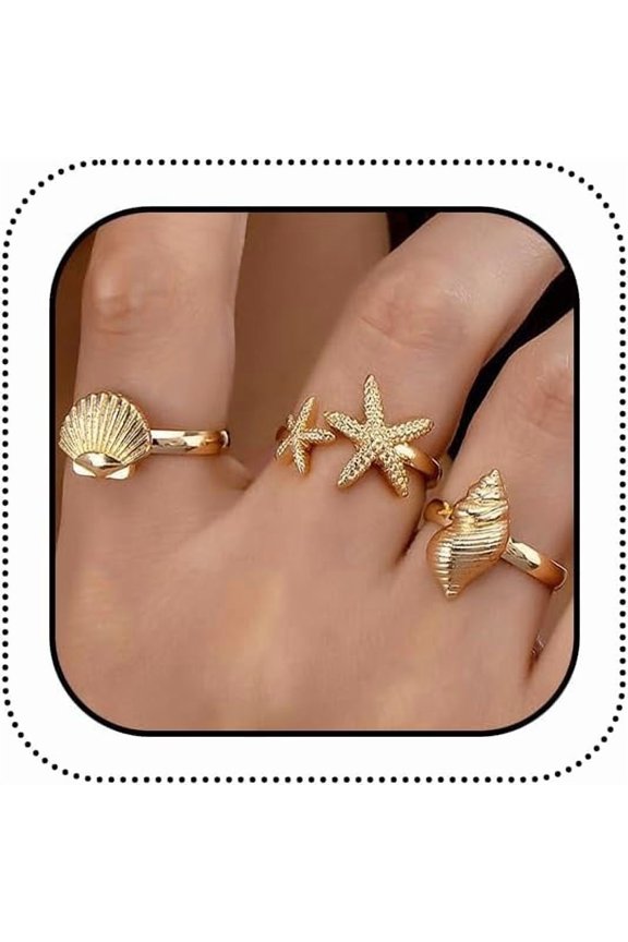 Dainty Boho Gold Starfish Conch Shell Ring Set for Women, Statement Starfish Conch Seashell Open Rings Holiday Vacation Sea Ocean Beach Jewelry Gifts
