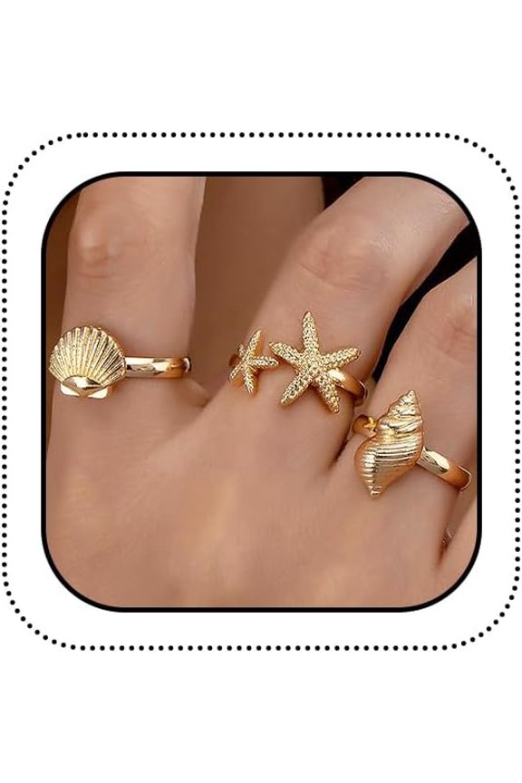 Dainty Boho Gold Starfish Conch Shell Ring Set for Women, Statement Starfish Conch Seashell Open Rings Holiday Vacation Sea Ocean Beach Jewelry Gifts