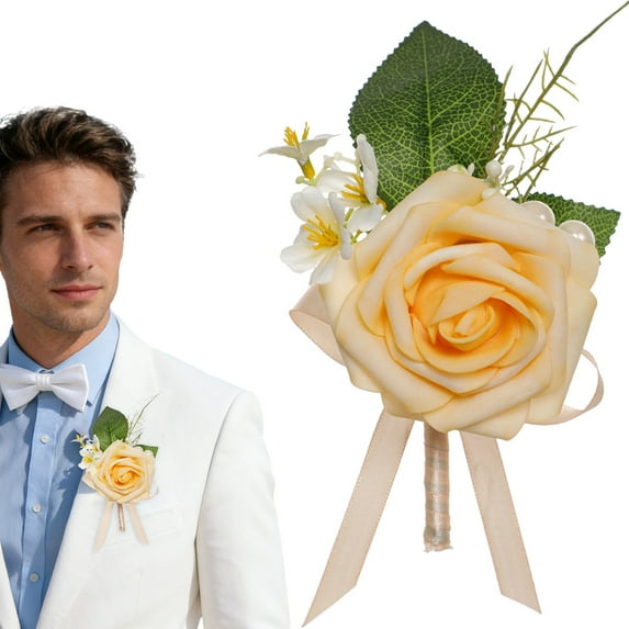 Dainty Boutonniere Satin Rose Flower Brooch Lapel Pins for Men Women Wedding Groom Groomsmen Bride Bridesmaid Artificial Flowers for Prom Homecoming Party Gift, 1 Pcs, 4.72x4.33"