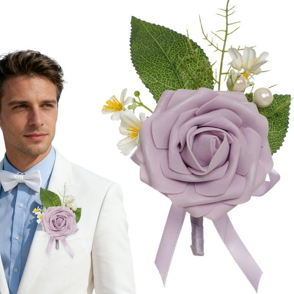 Dainty Boutonniere Satin Rose Flower Brooch Lapel Pins for Men Women Wedding Groom Groomsmen Bride Bridesmaid Artificial Flowers for Prom Homecoming Party Gift, 1 Pcs, 4.72x4.33"