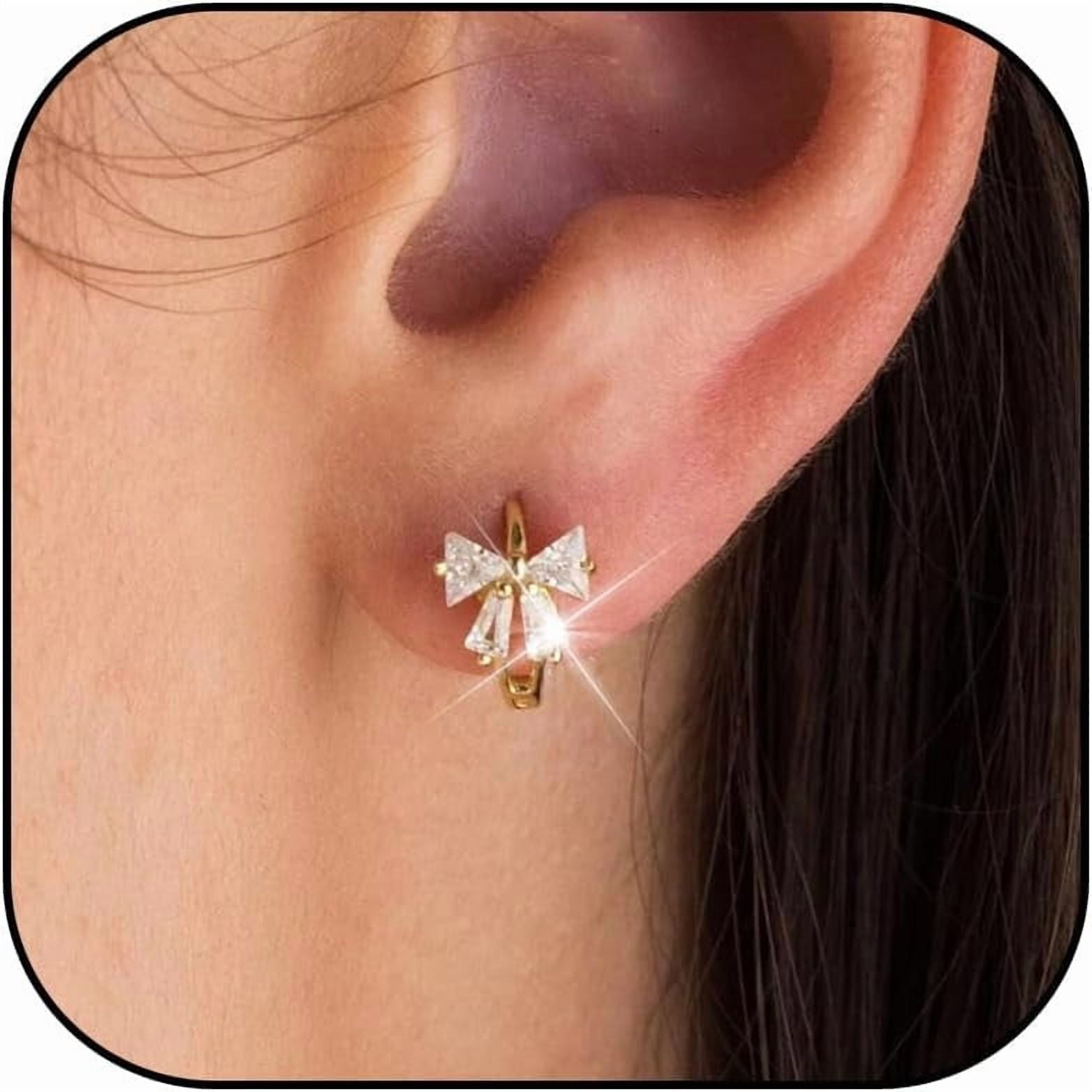 FZCB Dainty Bow Earrings for Women Rhinestone Gold Bow Earrings Ribbon Bow Huggies Hoop Earrings Christmas Stocking Stuffers