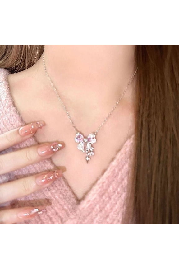 Dainty Bow Necklace Pink Crystal Bow Pendant Necklace Small Cute Bowknot Choker Necklace for Women Birthday Jewelry Gift