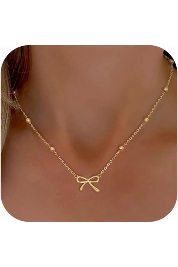 Dainty Bow Necklace for Women 14K Gold Plated Cute Choker Small Pendant Charm Necklaces Teen Gift Trendy Stuff Personalized Jewelry