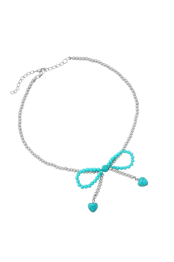 Dainty Bowknot Heart Necklace Natural Turquoise Strone Neckchain Retro Inspired Collarbone Chain for Her