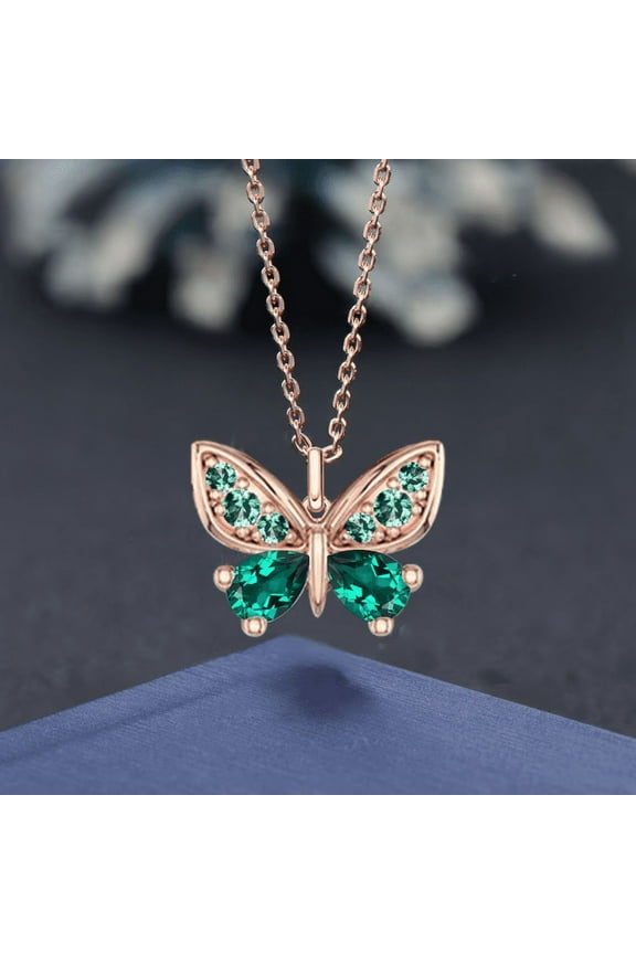 Dainty Butterfly Emerald Necklace in 14K Rose Gold Finish - May Birthstone Gemstone Jewelry Gifts