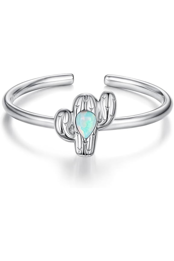 Dainty Cactus Plant 925 Sterling Silver Statement Ring for Women Adjustable Expandable Teardrop Opal Birthstone Tropical Open Wrap Finger Rings Comfort Fit Holiday Vacation Jewelry Gift