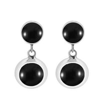 Dainty Circles Black Onyx Inlay Sterling Silver Post Drop Modern Earrings