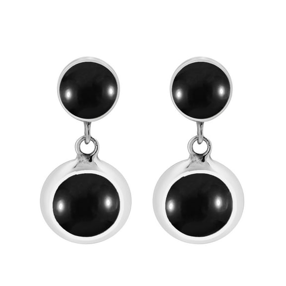 Dainty Circles Black Onyx Inlay Sterling Silver Post Drop Modern Earrings
