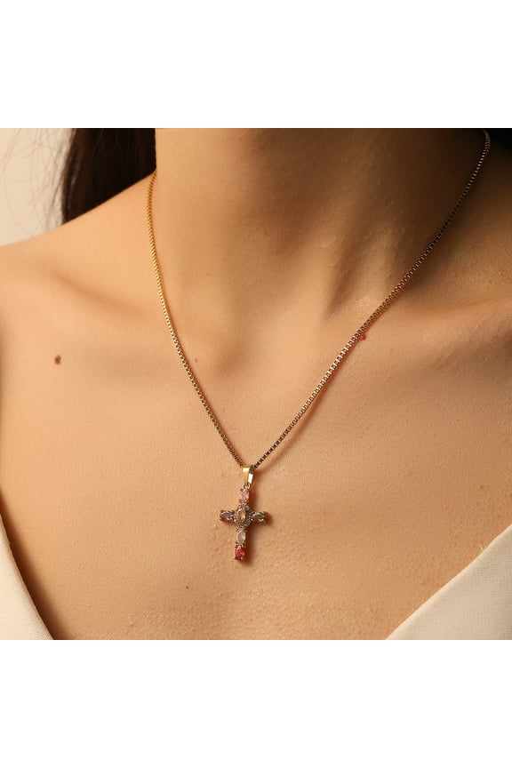 Dainty Colored Cubic Zirconia Cross Pendent Necklaces For Women 14K White Gold Chain Square Stone Never Fall Jewelry Gifts
