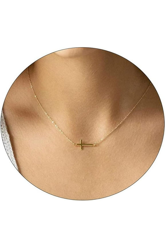 Dainty Cross Necklace For Women 14K Gold Plated Cute Faith Cross Necklace Sideways Diamond Layered Cross Necklace Simple Gold Necklace[Z1199]