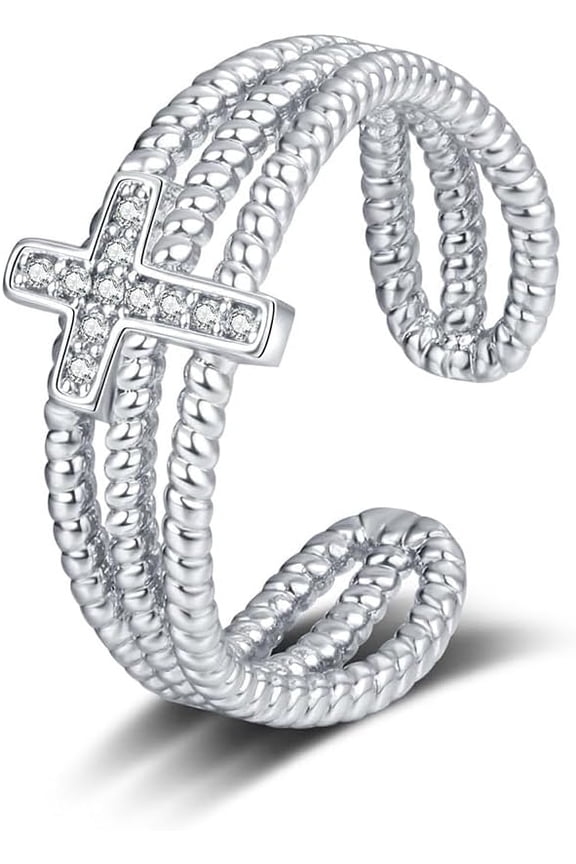 Dainty Cross Open Ring for Women Men Adjustable Cross Faith Hope Wedding Statement Finger Band Stackable Cubic Zirconia Ring Christian Religious Jewelry Simple Fashion Gift for Best Friends