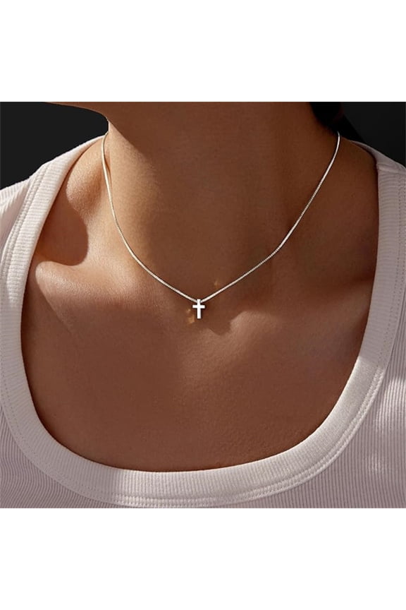Dainty Cross Pendant Necklace for Women, 14K Gold Plated Chain, Religious Jewelry for First Communion & Baptism