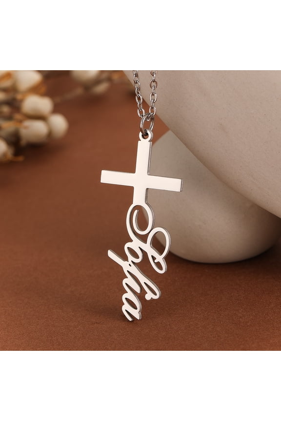 Dainty Cross Stainless Steel Capital Letters Name Pendant Necklace Faith Religion Chain Choker for Women Men Jewelry