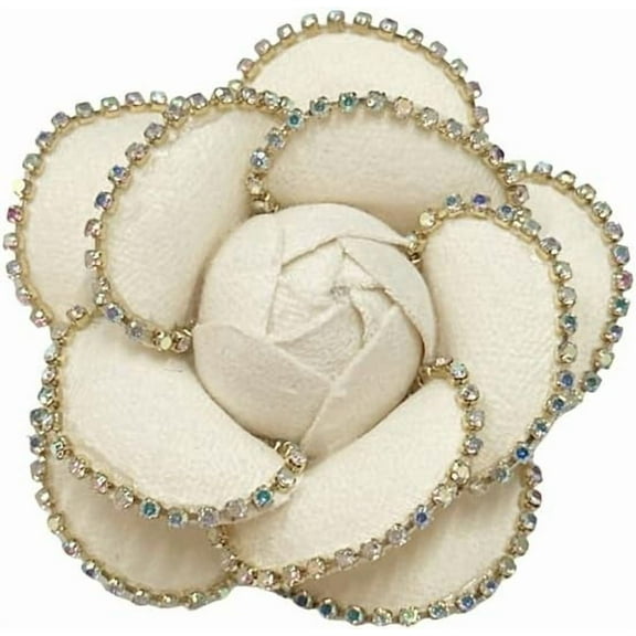 Dainty Crystal Camellia Flower Brooch Pin for Women Rhinestone Fabric 3D Floral Blossom Brooches Lapel Hair Pins Elegant Wedding Anniversary Dress Accessories Jewelry Gift 6.5cm/2.5in