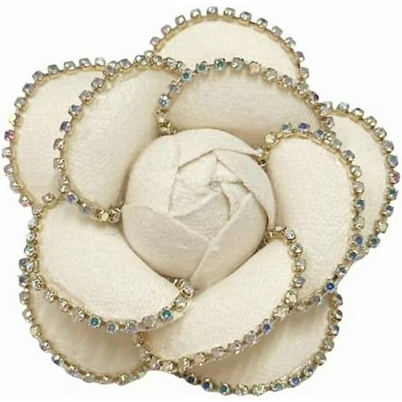 Dainty Crystal Camellia Flower Brooch Pin for Women Rhinestone Fabric 3D Floral Blossom Brooches Lapel Hair Pins Elegant Wedding Anniversary Dress Accessories Jewelry Gift 6.5cm/2.5in