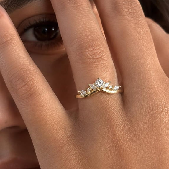 Silver Pickup Rings Dainty Crystal Crown Ring, 14K Gold Plated 925 Sterling Silver Curved ...