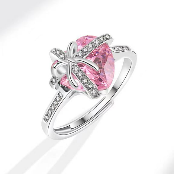 Dainty Cute 925 Silver Pink Heart Shaped Zircon Ring Bow Tie Ring for Women Anniversary Wedding Engagement Promise Rings  Diamond Eternity Band Opening Adjustable Ring