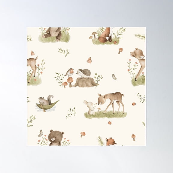 Dainty Cute Animal Pattern, Deer, Rabbit, Hedgehog, Bear, Robin Poster Wall Art, Modern Wall Decor For Living Room Bedroom, 8x12 UNFRAMED