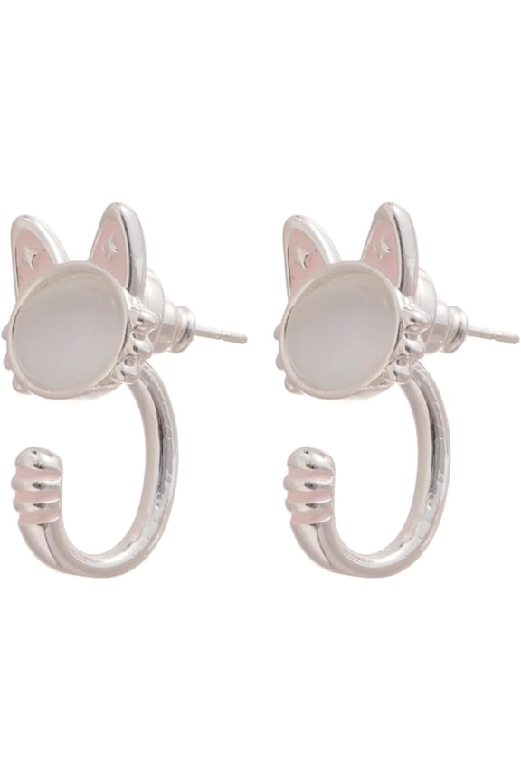 Dainty Cute Cat's Eye Tail Stud Earrings for Women 925 Sterling Silver Post Pin Enamel Opal Crystal Lovely Kitten Studs Earring Minimalist Animal Jewelry for Pet Lover