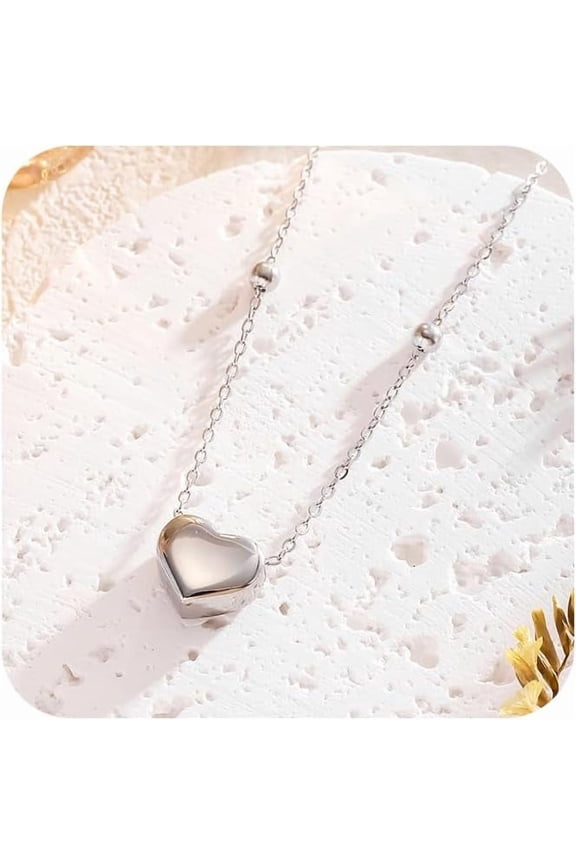 Dainty Cute Heart Pendant Necklace for Women 14k Gold/Silver Plated Tiny Love Simple Sweet Heart Choker Necklaces Stainless Steel Small Beads Chain Charm Valentines Birthday Jewelry Gifts (Silver)