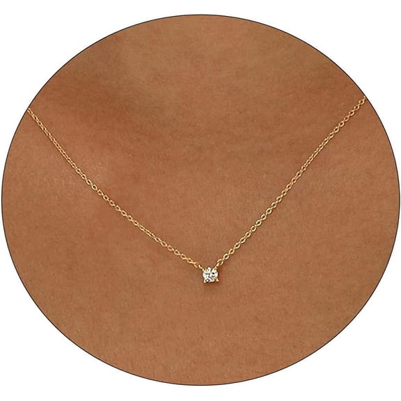 Dainty Cz Diamond Solitaire Pendant Necklaces For Women 14K Gold Plated Single Round Cubic Zirconia Square Simulated Diamond Choker Necklace Bride Bridesmaid Weeding Jewelry Gifts[o6786]